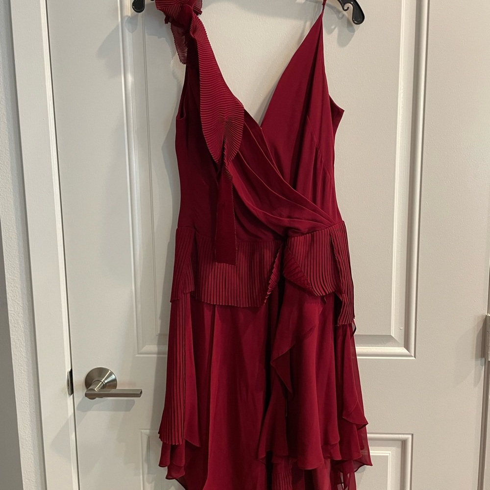 BCBG Burgundy Asymmetrical Ruffle Midi Dress